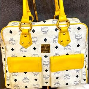 MCM handbag white & yellow coated leather satchel.
